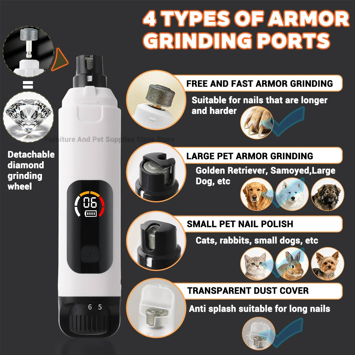 Electric pet nail polisher 6-speed dog nail polisher silent cat nail clipper LED dual light dog LCD color screen | Welvett