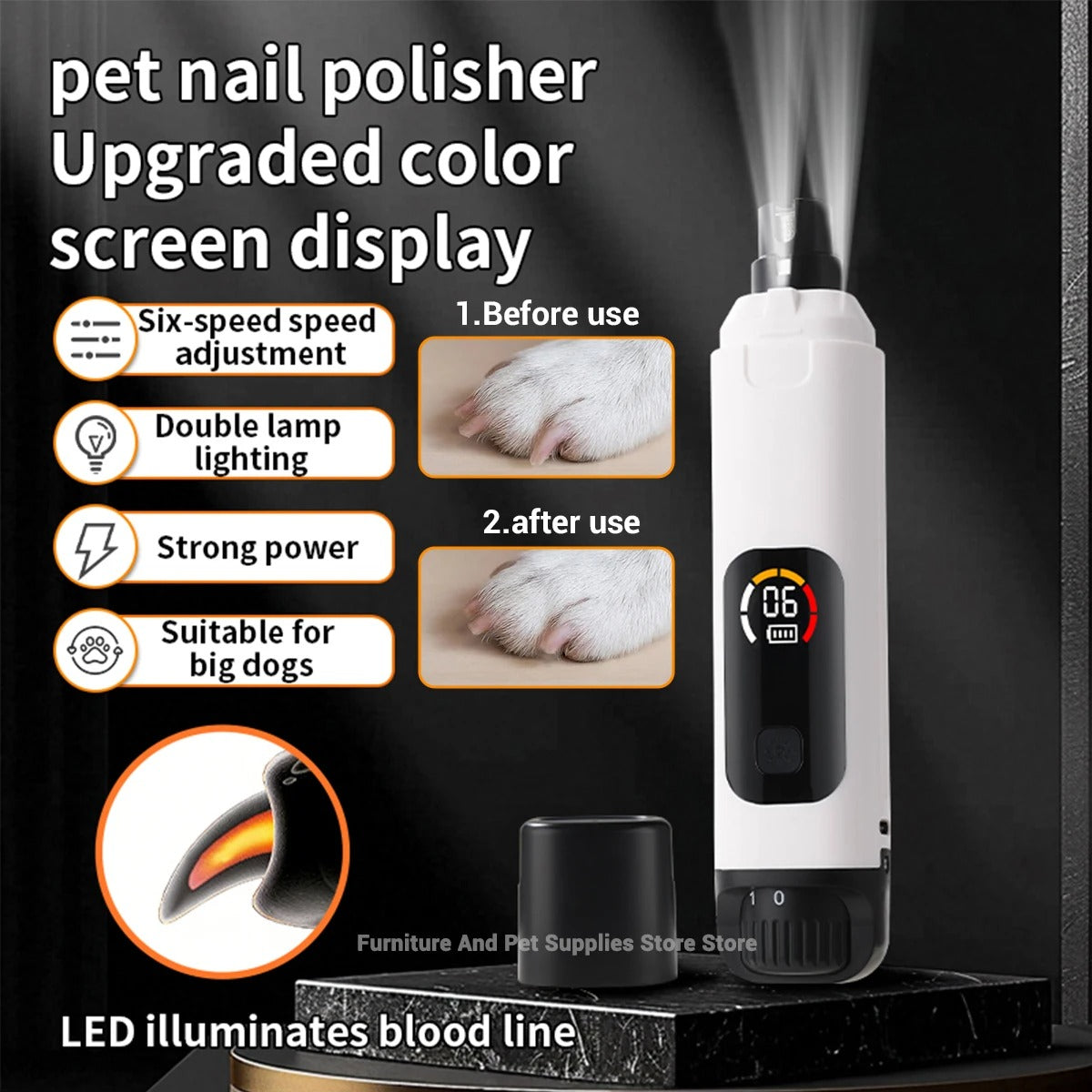 Electric pet nail polisher 6-speed dog nail polisher silent cat nail clipper LED dual light dog LCD color screen | Welvett